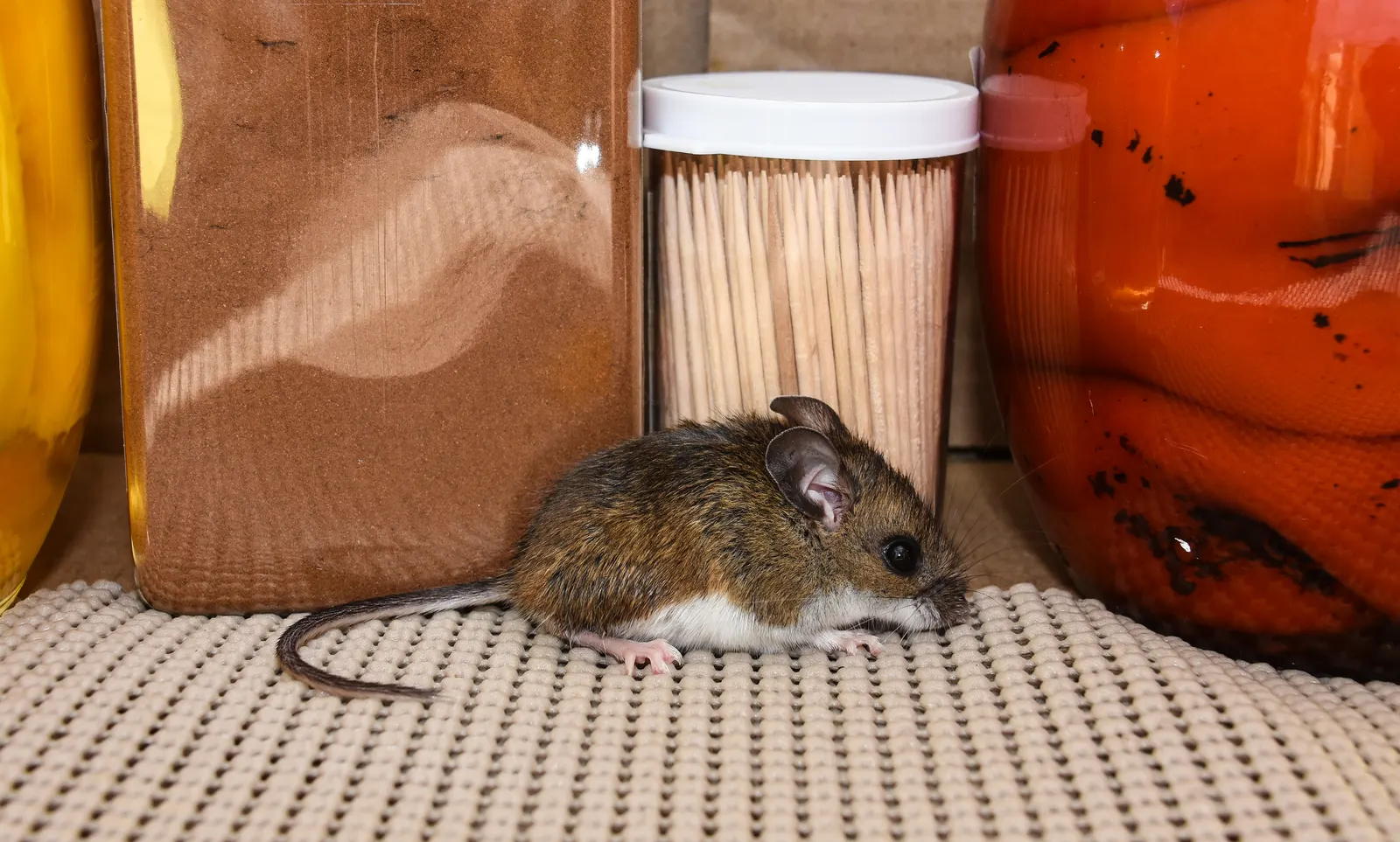 House mouse in a kitchen pantry