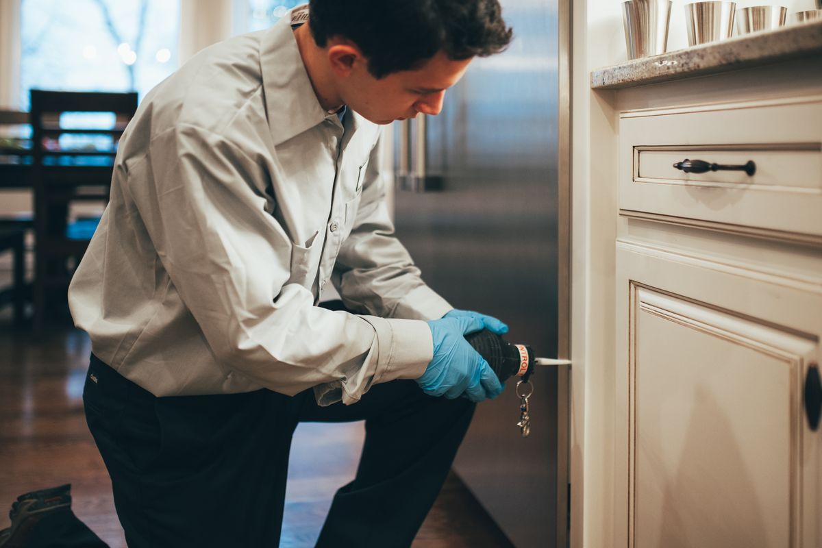 An Urbanex inspector kneeling to examine the interior of a kitchen cabinet