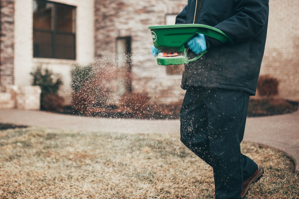 Close-up of an Urbanex technician spreading granular treatment across a front lawn