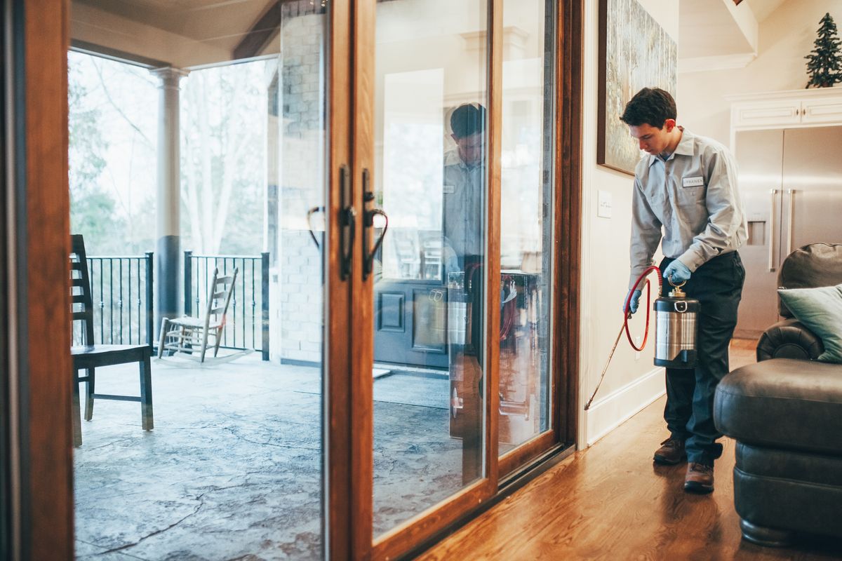 An Urbanex technician treating along interior baseboards inside a home